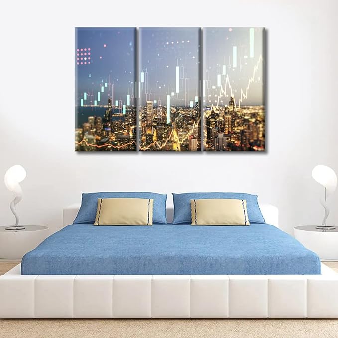 3 Panel Chicago Cityscape Background Financial and Trading Concept Canvas Wall Art Virtual Financial Graph Hologram Canvas Paintings Wall Decor for Living Room Framed Ready to Hang (60"Wx40"H)