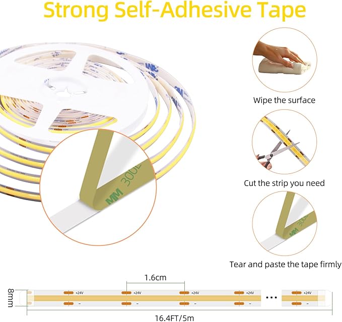 LED Strip Lights 24V COB LED Pink Super Bright LED16.4ft Dotless High Density 14W/m, 8mm Width Cuttable Flexible for Home DIY led Pink Commercial Decoration Projects (No Power Supply)