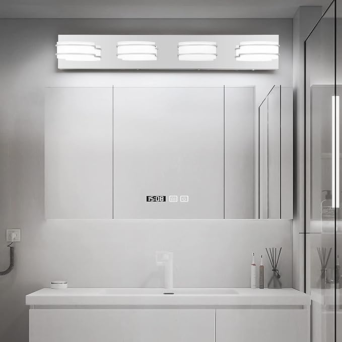 3 Color Temperature Dimmable Vanity Lights for Bathroom, LED Chrome 4 Light Vanity Lighting Fixtures, Acrylic Stainless Steel Oval Shade Bathroom Light Fixtures Over Mirror, ETL Certificated