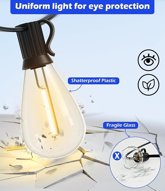 Luckystyle 200FT LED Outdoor String Lights With 60+2 Edison Shatterproof Waterproof Bulbs, 2700K Commercial Grade Patio Lights, Heavy Duty Outside Hanging for Garden Porch Deck Decor