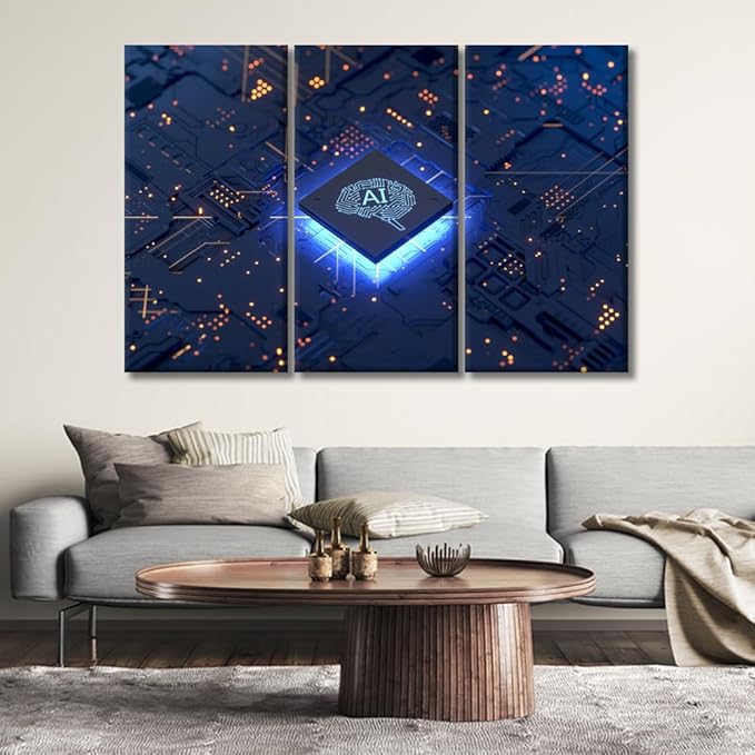 LSIUHWUWI Modern Wall Art 3 Panel Artificial Intelligence Concept Pictures Print on Canvas for Wall Art Decoration, CPU AI Artwork Wooden Framed Ready to Hang 20x40inchx3