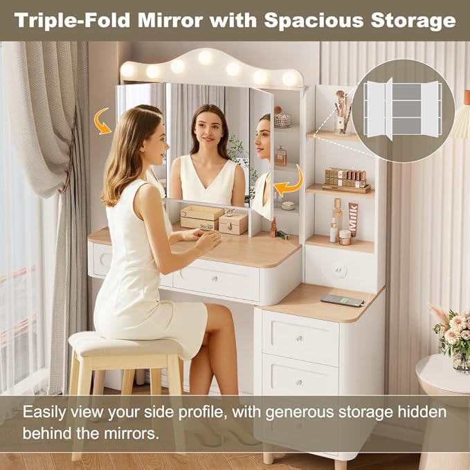 Vanity Desk with Mirror and Lights,Makeup Vanity with 2 USB Power Strip,Vanity Set with Two Drawers and Three-drawer Chest, 3 Lighting Modes Adjustable Brightness, Foldable Three-sided Mirror(White)
