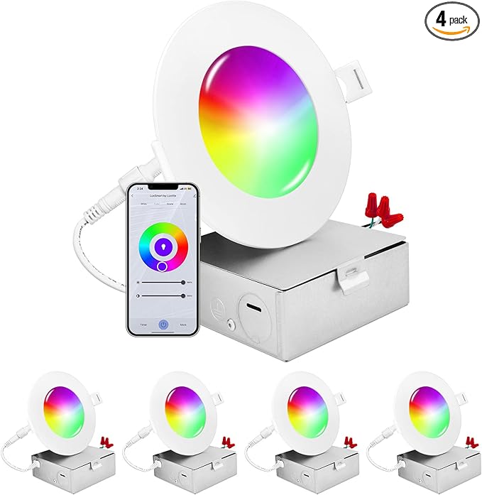 LUXRITE 4 Inch Smart LED Recessed Lighting, RGBW Color Changing, WiFi App and Voice Control, Compatible with Alexa and Google Home, No Hub Required, 10.5W 700LM, CRI 90, IC Rated, Wet Rated (4 Pack)