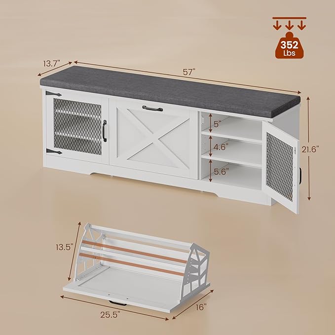 Farmhouse Storage Bench with Flip Drawers & Padded Seat Cushion, Half Hidden Shoe Rack Organizer, Adjustable Shelf Shoe Cabinet for Entryway, Bedroom, Living Room (White, 57IN)