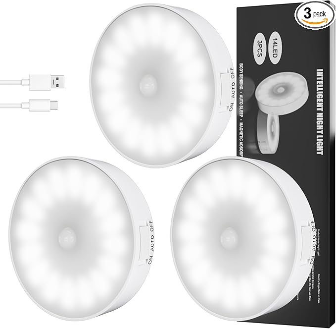 Motion Sensor Light Indoor [Upgraded 14 LEDs], 3 Pack Rechargeable Night Light, Wide Detection Range, 3 Light Modes, Bedroom Closet Lights, Anywhere Stair Light, Hallway Light - Cold White