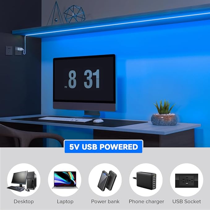 BTF-LIGHTING FCOB USB Powered Blue Color COB LED Strip Lights 9.8FT 960LEDs 5V 8mm Width 90+ High CRI Ultra Bright Flexible Light for TV Backlight Display Cabinet PC DIY Decor