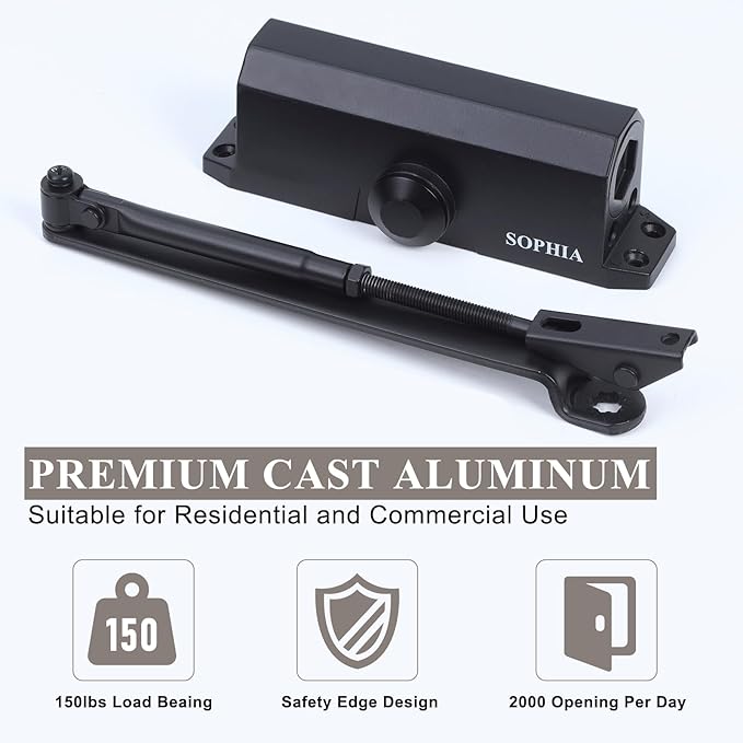 Commercial Door Closer Grade 2, Automatic Auto Door Closer Heavy Duty, Hydraulic for Home Residential Adjustable Size 3, ADA & UL, Matte Black - SF700