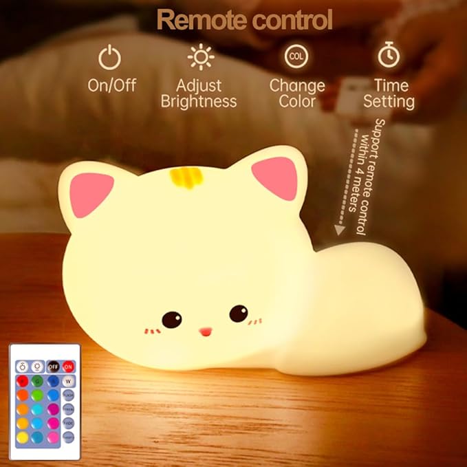 Led Cute Cat Night Light, 16 Colors Dimmable Nursery Kawaii Nightlight, Super Squishy Silicone USB Rechargeable Remote Control Night Lamp for Kids Adults, Used for Camping Party Room Decor