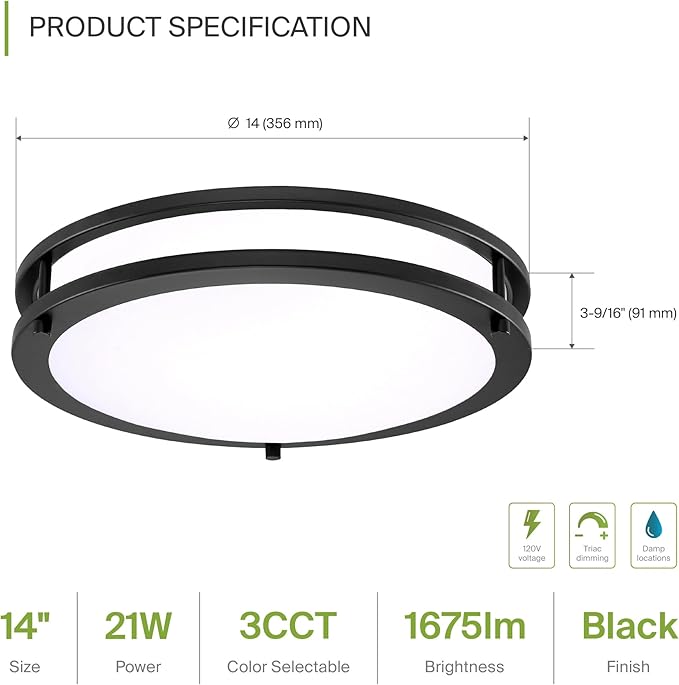 ASD LED 14" Round Flush Mount Lighting, Close to Ceiling Light Fixture | 3CCT, Dimmable, Energy Star, ETL Listed | 21W 1675LM 3000-5000K 120V | Low Profile Double Ring Lamp | Black, 4 Pack