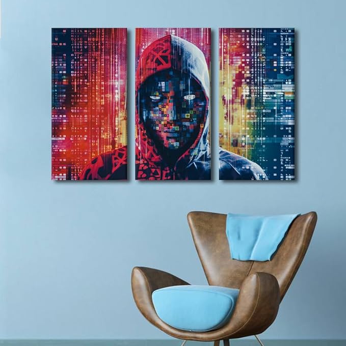 Framed Wall Art 3 Panel Cyber Security and Data Protection Concept Poster for Living Room, Hacker in Mask on Dark Background Pictures Print On Canvas, Wooden Framed Ready to Hang, 42" Wx28 H
