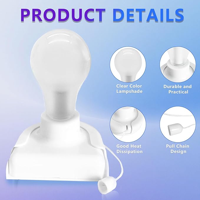 Stick-Up Light Bulb for Closet, 2Pack Battery Operated LED Light Bulb with Pull Chain, Wireless Self Adhesive Wall Mounted Lamp Fixtures for Cabinet Bedroom Living Room Kitchen, Clear Cover