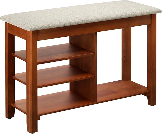 Shoe Rack Bench, Solid Wood Entryway Bench with Cushion and Flip-Top Storage, Adjustable Shelf, Shoe Organizer Bench for Front Door Entrance, Hallway, Living Room, Mudroom (Beige, 31.5" L)