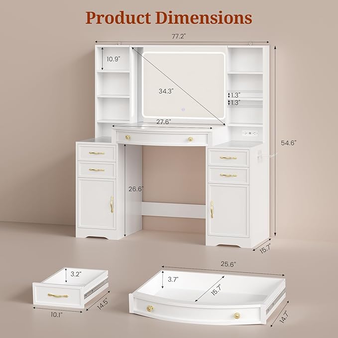 77.2" Large Vanity Table with LED Mirror, Vanity Desk with Built-in Charging Station,5 Drawers,2 Cabinets,6 Open Shelves (2 Adjustable) & Hair Dryer Holder, Makeup Desk for Bedroom