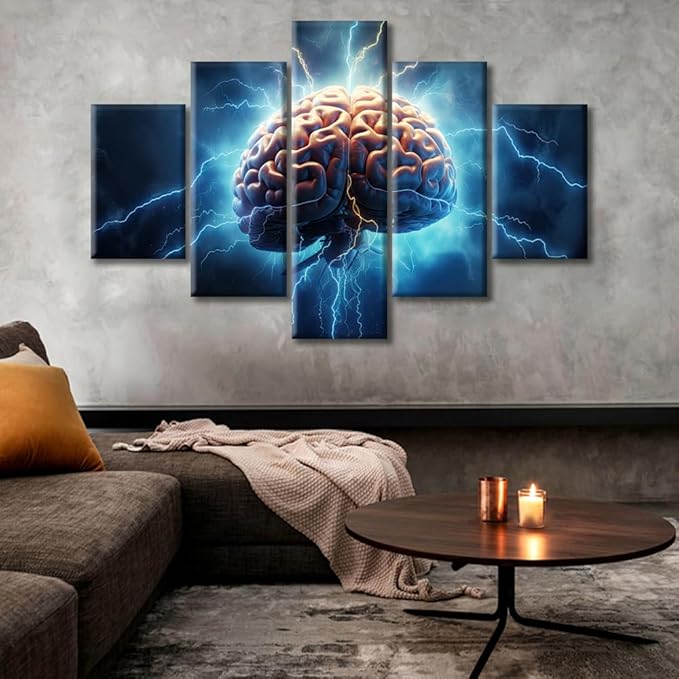 5 Pieces Canvas Prints Brainstorming Concept Wall Art Modern Home Decor Brain Power Lightning Poster Living Room Bedroom Decoration Artwork Painting Framed Ready to Hang, (60"Wx40"H)