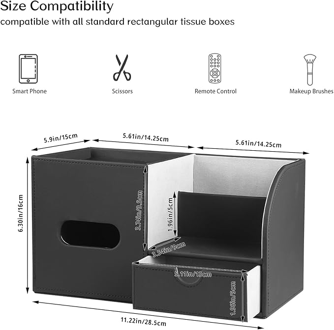 PU Leather Square Tissue Box Cover with Tray and Organizer,Multi-Function Remote Control Tissue Holder for Vanity, Nightstand,Bathroom,Home and Office