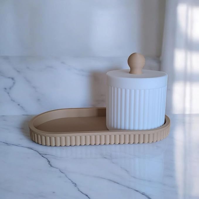 Modern Ribbed Organizer Set with Tray and Jar | Minimalist Storage for Jewelry Makeup and Decor | Compatible with Handcrafted Eco Friendly Home Accessory
