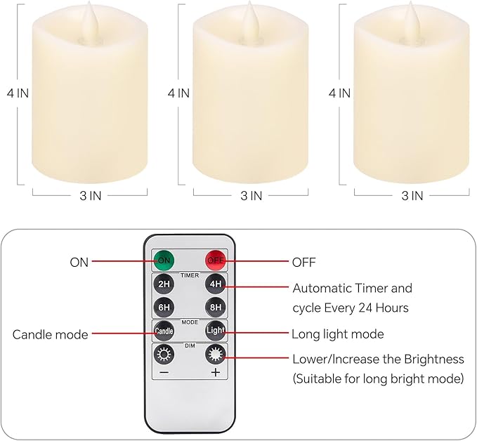 3x4 Flickering Flameless Candles Set of 3,Real Wax Pillar LED Candles,with Timer,4 inch Flameless Candles with Remote,for Party Wedding Holiday Home Decor,Ivory