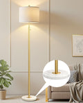 【Upgraded】Dimmable Gold Floor Lamps for Living Room, 11W LED Bulb Included, Modern Standing Lamp with Marble Base, Tall Pole Light with White Linen Shade for Bedroom Reading Office Corner Nursery