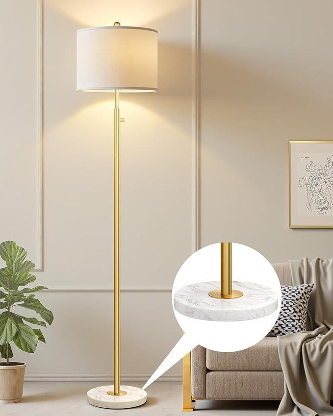 【Upgraded】Dimmable Gold Floor Lamps for Living Room, 11W LED Bulb Included, Modern Standing Lamp with Marble Base, Tall Pole Light with White Linen Shade for Bedroom Reading Office Corner Nursery