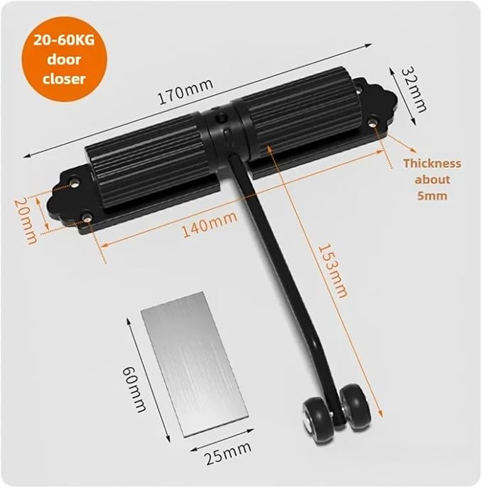 Automatic Adjustable Closer Surface Mounted Heavy Duty Safety Spring for Interior Exterior Door 1 Set(20-60KG Black)
