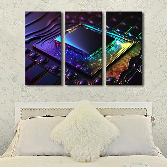 TUMOVO 3 Piece Canvas Wall Art Vibrant Colorful Computer Chip on Circuit Board Posters and Prints AI Prints on Canvas, Modern Artwork for Living Room Wooden Framed Ready to Hang, 60" Wx40 H
