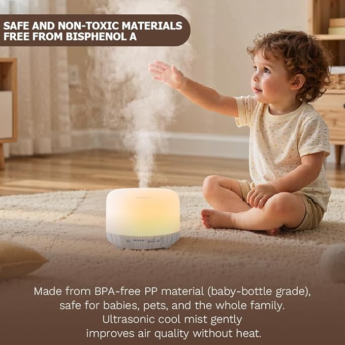 500ml Premium Essential Oil Diffuser,Quiet 4-in-1 Ultrasonic Aromatherapy Humidifier,7 Color LED Lights,with Adjustable Automatic Timer Off Function and Spray Mode. (White Woodgrain,Mini Model)