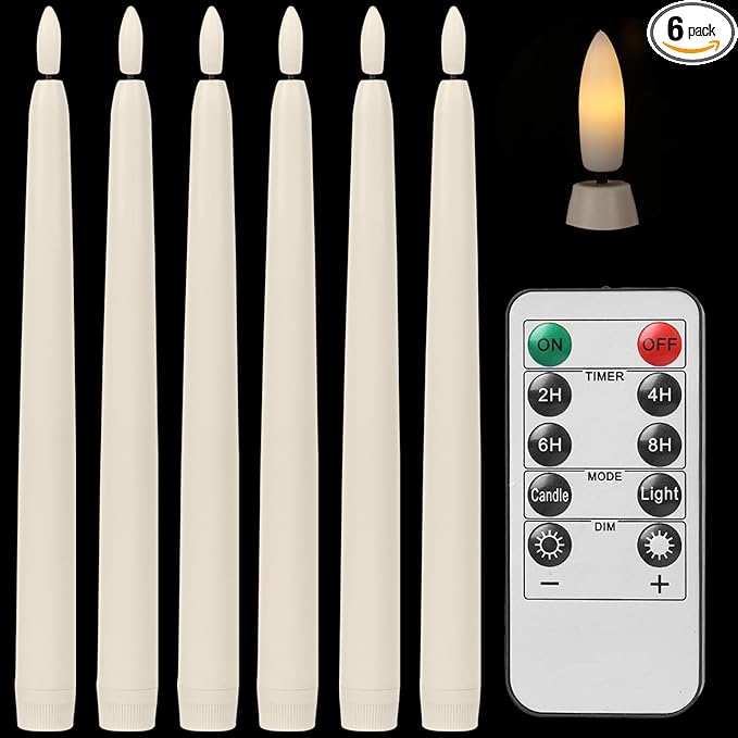Flameless Taper Candles with Rmote,Timer,Dimmer,6 Pack Ivory Battery Operated Flickering Candlesticks with 3D Flame, Plastic Led Window Candles,11 Inches for Halloween Christmas Holidy Decoration