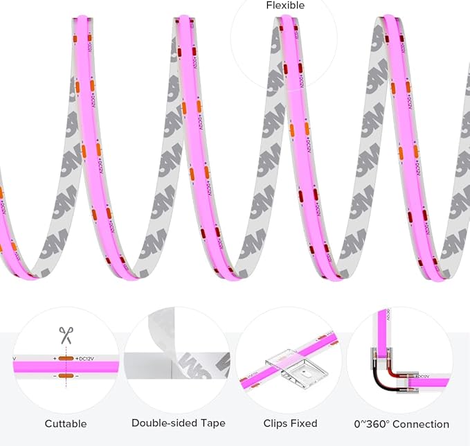 COB Purple LED Strip Light DC24V Flexible High Density Uniform Bright 480LEDs/m Strips 16.4FT CRI90+ 8MM Width Dimmable COB LED Tape for Cabinet Indoor Decor(No Adapter/Controller)