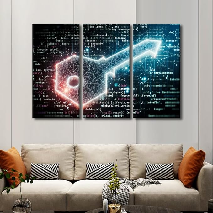 TUMOVO Modern Wall Art for Bedroom 3 Piece Abstract Glowing Key on Digital Background Pictures Print on Canvas for Home Hotel Office Wall Decoration, Gallery-Wrapped Ready to Hang, 60" Wx40 H