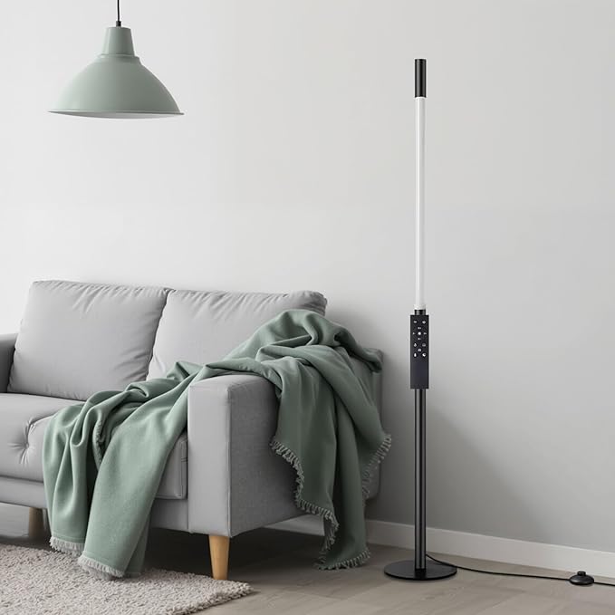 LED Dimmable Floor Lamp with Remote & Foot Switch, 2700–6000K Adjustable Color Temperature & Stepless Dimming, Slim Linear Tube Tall Standing Lamp, Modern Black Corner Lamp for Living Room Bedroom