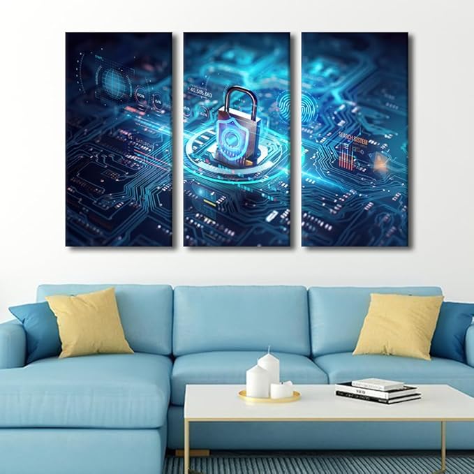 TUMOVO Large Canvas Wall Art 3 Panels Secure Connection or Cybersecurity Service Concept of Compute Print on Canvas for Living Room Bedroom Wall Decoration, Ready to Hang, 60" Wx40 H