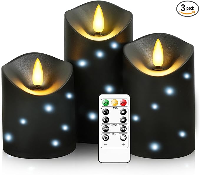 Outdoor Waterproof Flickering Flameless Candles with Embedded Star String,3Pcs LED Pillar Candles Battery Operated with Remote and Timers for Courtyard,Porch,Camping,Holiday Decoration(Black)