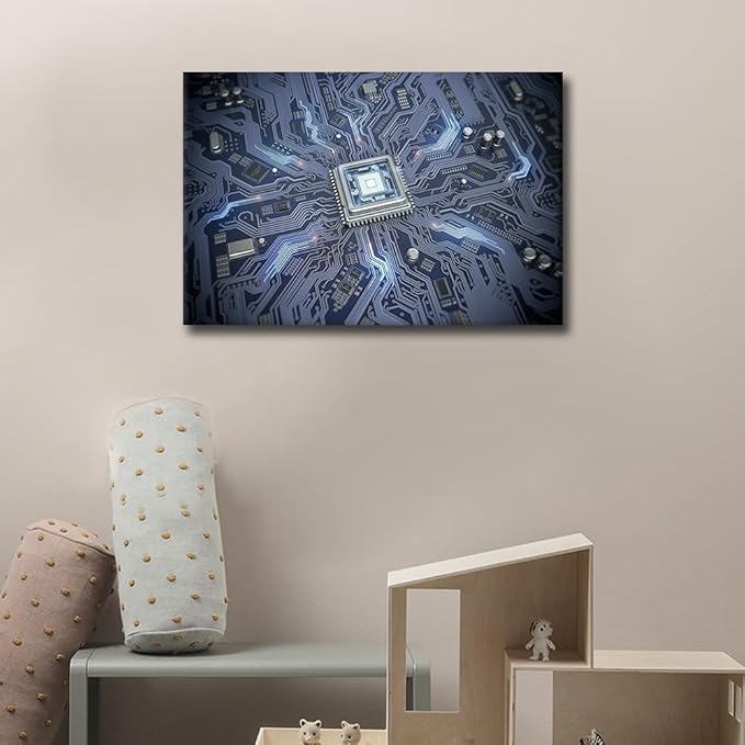TUMOVO Wall Art for Living Room Large Size Internet Concept Office Wall Decor Circuit Board with CPU Canvas Prints AI Modern Artwork for Bedroom Bathroom Framed Ready to Hang, 36x24in