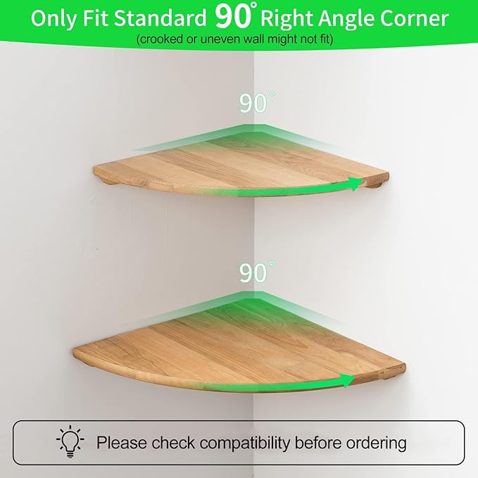 Corner Shelf, Solid Oak Wood Floating Corner Shelf Wall Mount Round End Floating Speaker Shelves with Wire Hole for Small Plant Photo Frame for Bedroom Kitchen, Living Room (Oak, 7.1in)