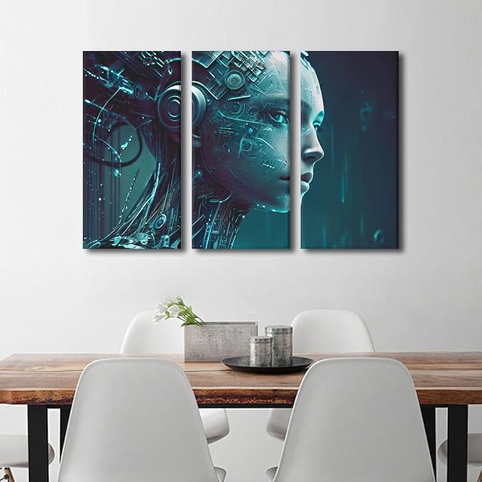 TUMOVO Artificial Intelligence Pictures Binary Code Wall Art 3 Panel Future Technology Canvas Print Art for Living Room Bedroom Decoration, Modern Artwork Stretched Framed Ready to Hang, 36" Wx24 H