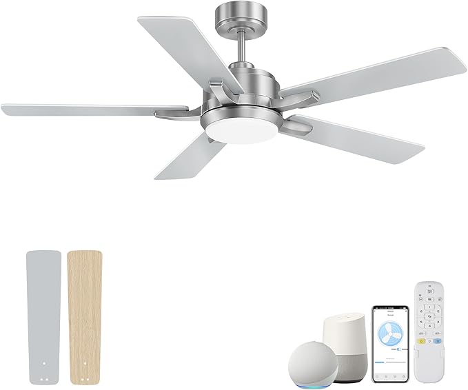 cumilo 52” Smart Outdoor Ceiling Fans LED Lights and Remote,Quiet DC Motor,6 Speed,Dimmable,Indoor Modern Brushed Nickel Ceiling Fan Controlled by WIFI Alexa App,Gray Silver Wood Bedroom Patio Porch