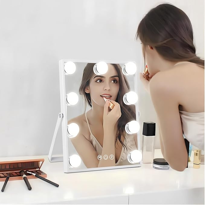 Vanity Mirror with Lights, Hollywood Vanity Makeup Mirror with Lights, Lighted Make Up Mirrors with 9 Dimmable Bulbs, 360 Degree Rotation Mirror, Smart Touch Control, 3 Color Modes (12" L x 10" W)