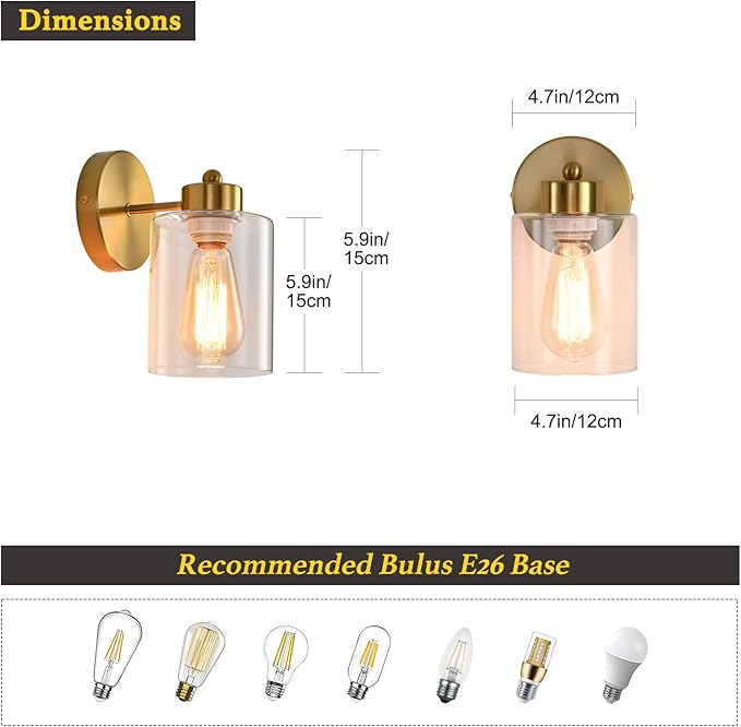 Metal Sconces Wall Lighting with Clear Glass Shade, Bathroom Vanity Light Matte Black Wall Sconce, Modern Wall Light Fixtures