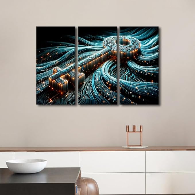 TUMOVO 3 Panel Bedroom Wall Art Cyber Security Concept with Key on Circuit Board Pictures Posters, Modern Art for Home Hotel Office Wall Decoration, Stretched Framed Ready to Hang, 42" Wx28 H