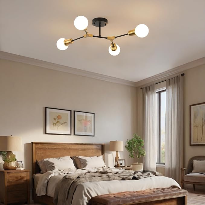 Modern Semi Flush Mount Ceiling Light,Mid Century 4 Light Lighting Fixture for Dining Room Bedroom Kitchen Foyer Entryway Hallway,Metal Gold and Black Sputnik Chandelier