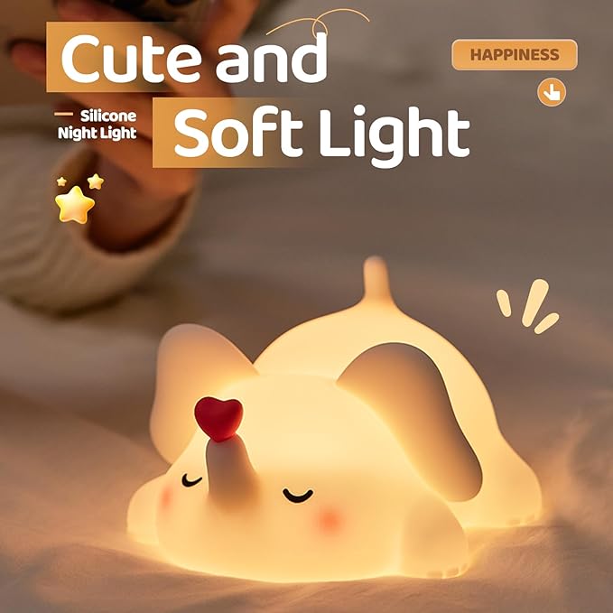 Little Loving Elephant Cute Night Light, 3-Level Dimmable Soft Light, Timed, Rechargeable, Silicone Bedside Touch Lamp, Creates a Cozy Ambiance, Ideal Decoration and Gift for Girls, Women, and Kids