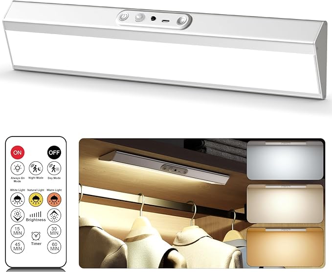 Motion Sensor Closet Lights, Eye Protection Design Cabinet Lighting Wireless with Remote, 3 Color Temps & Dimmable, Magnetic, Rechargeable LED Closet Lighting for Kitchen, Wardrobe, Pantry