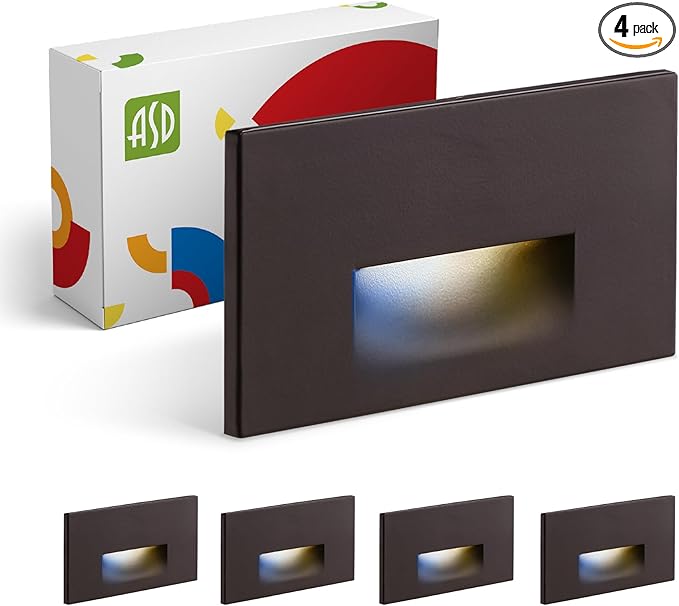 ASD LED Recessed Step Light Fixture, Outdoor & Indoor Stair Tread Lighting | 3CCT, Dimmable, Waterproof, ETL Listed | 3W 120LM 3000K-5000K 120V | Staircase Hardwired Illumination | Dark Bronze, 4 Pack