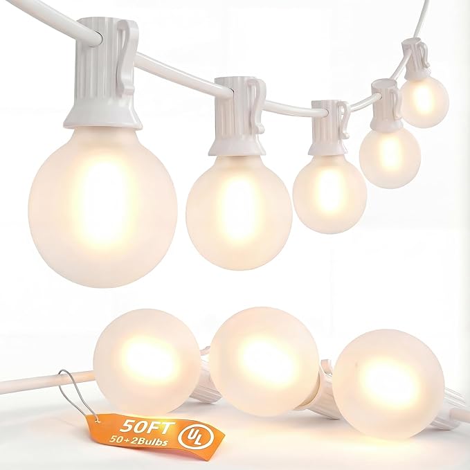 SUNSGNE White String Lights Outdoor, 50FT White Outdoor Lights with 52 G40 LED Frosted Shatterproof Bulbs(2 Spare) for Balcony Patio Tent Backyard Bistro Cafe Christmas Decor