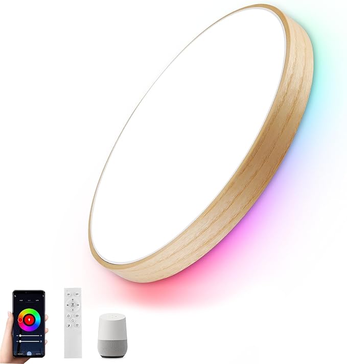 HOREVO Smart WiFi LED Ceiling Light with Remote - Alexa/Google Home, Dimmable RGB Color Changing Ceiling Light Fixture(2700K-6500K), 12" Modern Wood Flush Mount for Bedroom/Living Room/Kids Room