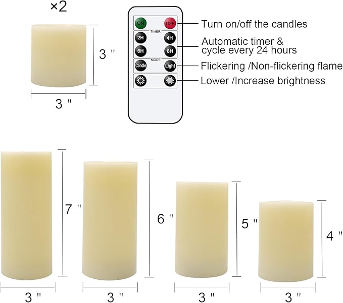 Wondise Flameless Flickering Candles with Remote & Timer, Battery Operated Real Wax with Optical Fiber Wick 6PCS LED Candles for Thanksgiving Christmas Home Holidays Decoration(D3 x H3 4" 5" 6" 7")