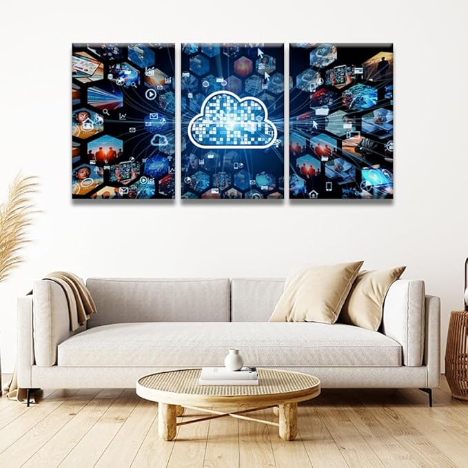 LSIUHWUWI 3 Pieces Wall Art for Living Room Cloud Computing Concept Communication Network Prints for Home Wall Decor, Posters for Home Hotel Wall Decoration, Framed Ready to Hang, 16x24inchx3