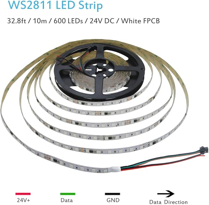 ALITOVE RGB LED Strip Light 32.8ft WS2811 Addressable Programmable Dream Color Digital LED Pixel Light 24V 10m 600 LEDs Rainbow Chasing Effect LED Flexible Light Rope Non-Waterproof White PCB