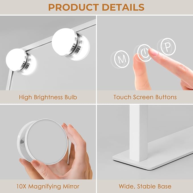 Vanity Mirror with Lights, Makeup Mirror with 3 Lighting Modes, Light Up Mirror with Touch Sensor, AC-Powered, 360 Rotatable, Metal Frame, with Detachable 10X Magnifying Spot Mirro, 14.1"