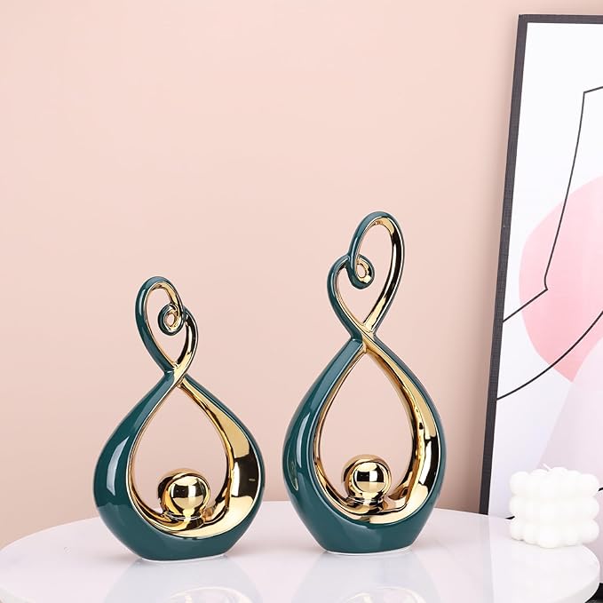 DOVDOV Modern Art Home Decor Statues, Unique Ceramic Abstract 2 Piece Set with Teal and Gold Accents for Home Decor Statues for Rooms, Bookshelves, Coffee Tables with Decorative Aesthetics.